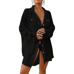 Women Swimsuit Cover Ups Bikini  Black Cover Up Shirt Blouse Swiss Dot Tops